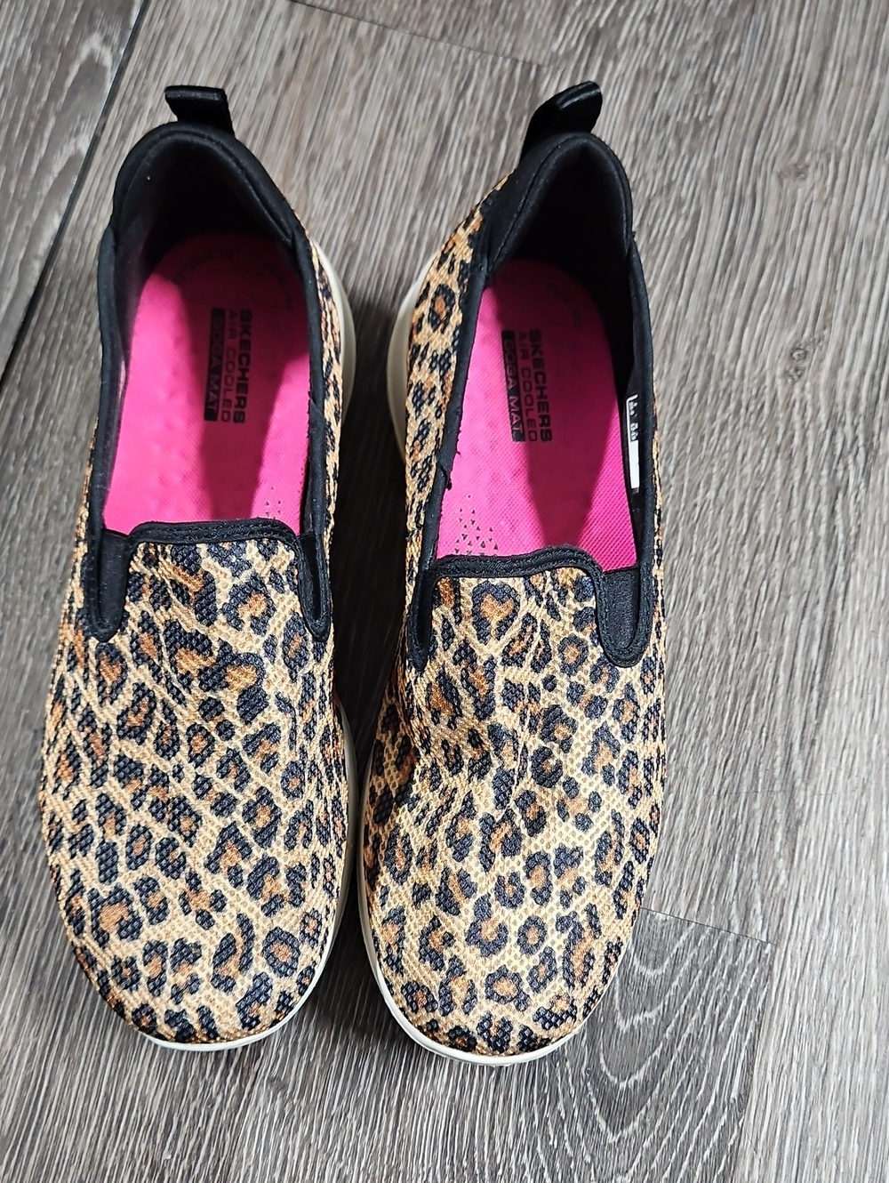 Skechers Women's Leopard Slip-On Sneakers in Tan/Black with Pink Insole